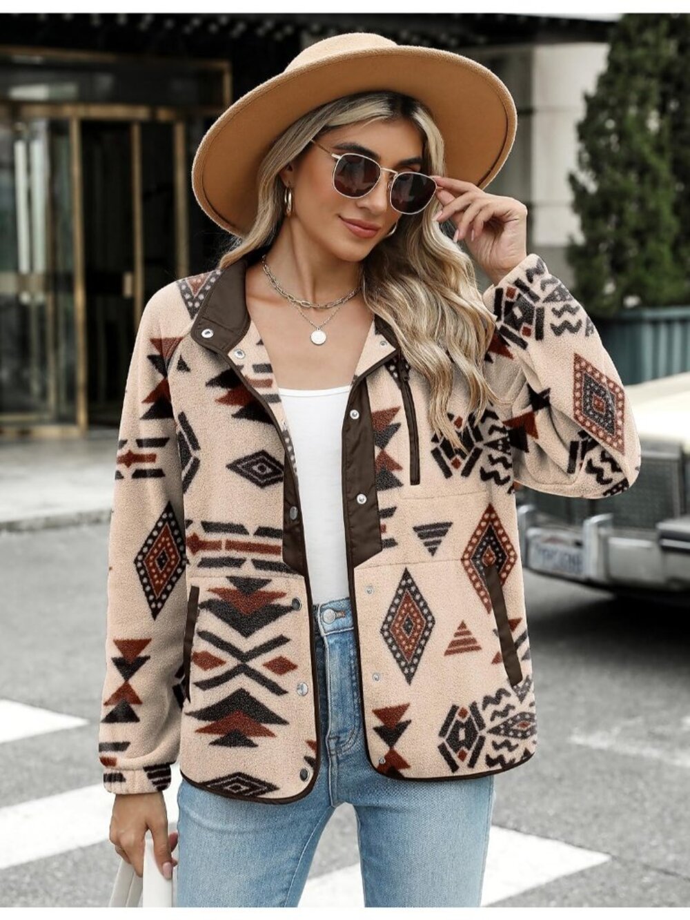 Women's Khaki Fleece Jacket Western Aztec Print Snap Button Down Outerwear - Picture 2 of 3